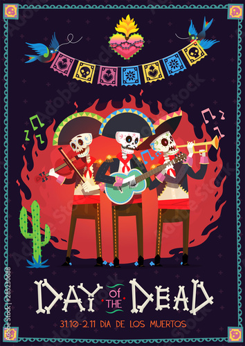 Day of the dead poster with three mariachi playing music and birds over them carry paper flag garland. Vector illustration