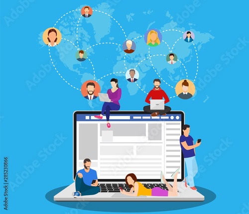 Social network web site surfing concept, people connecting all over the world. Vector illustration in flat style