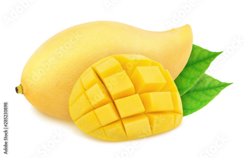 Composition with whole and curved thai mangoes with leaves isolated on white background. As design element.