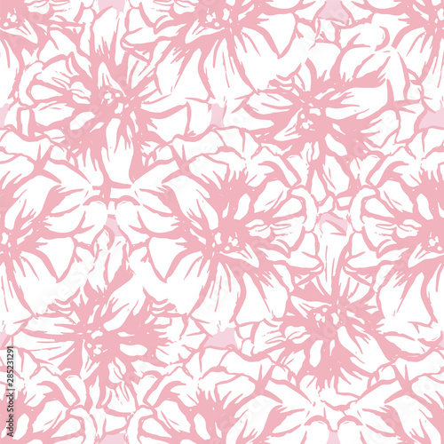 Vector seamless repeat pattern with flowers in white and pastel pink. Hand drawn fabric, gift wrap, wall art design. © Nespola Designs