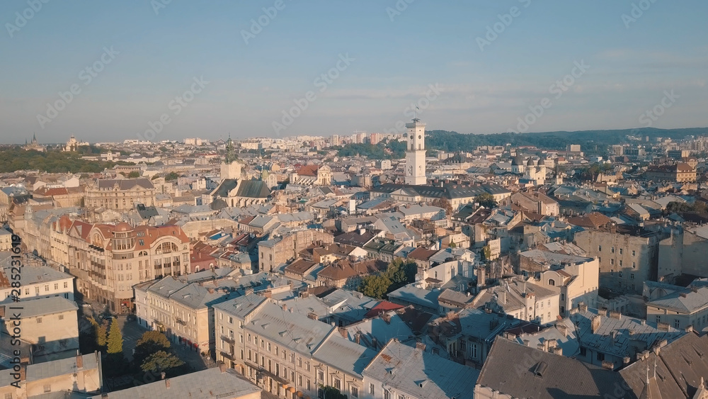Obraz premium Aerial City Lviv, Ukraine. European City. Popular areas of the city. Town Hall
