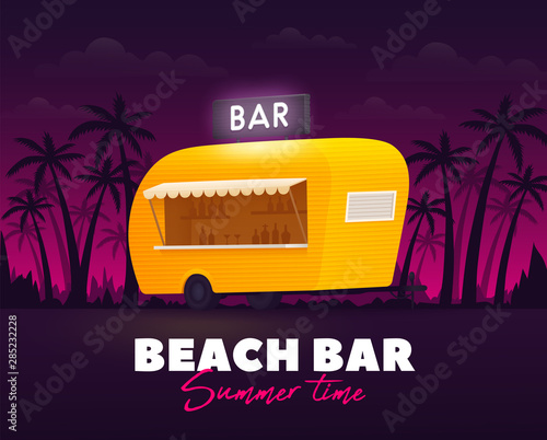 Beach bar, summer time. Bar trailer outdoor. Beach truck. Yellow truck. Vector illustration