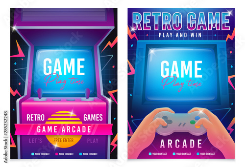 Retro gaming, Game of 80s-90s. Arcade machine. Retro arcade game machine. Play time poster, flyer template. Vector illustration photo