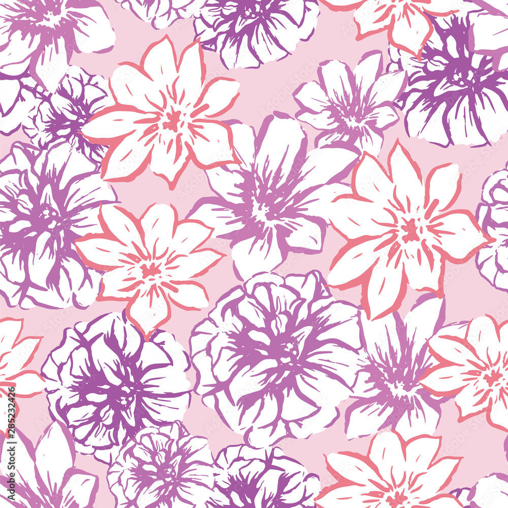 Vector floral hand drawn seamles pattern. Pink and purple colorful botanical backround great for fabric and wallpaper.