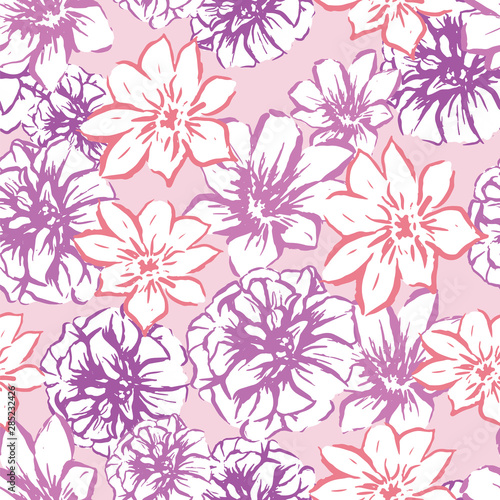 Vector floral hand drawn seamles pattern. Pink and purple colorful botanical backround great for fabric and wallpaper.