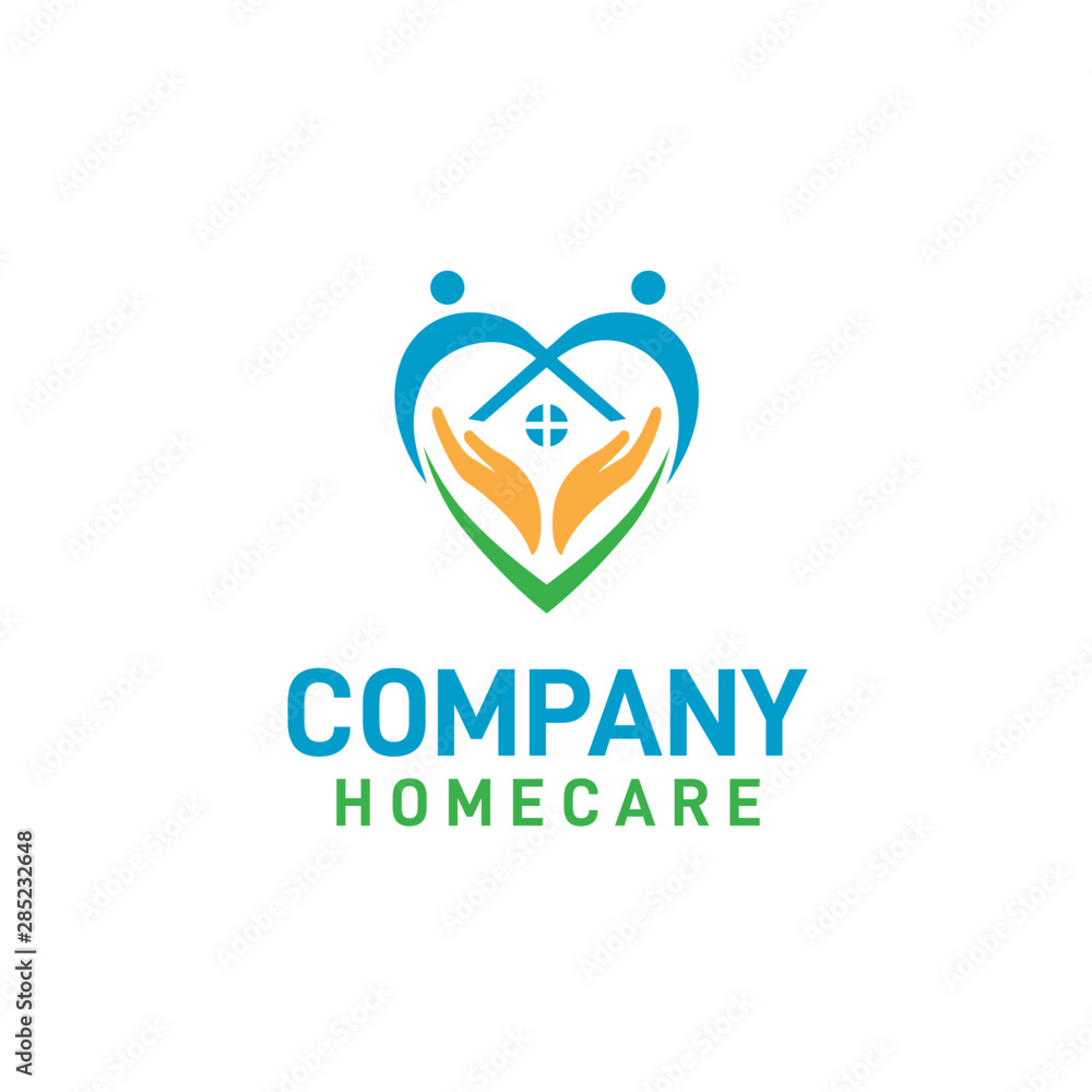 Home care logo design with palm hands inside heart shapes made from two ...