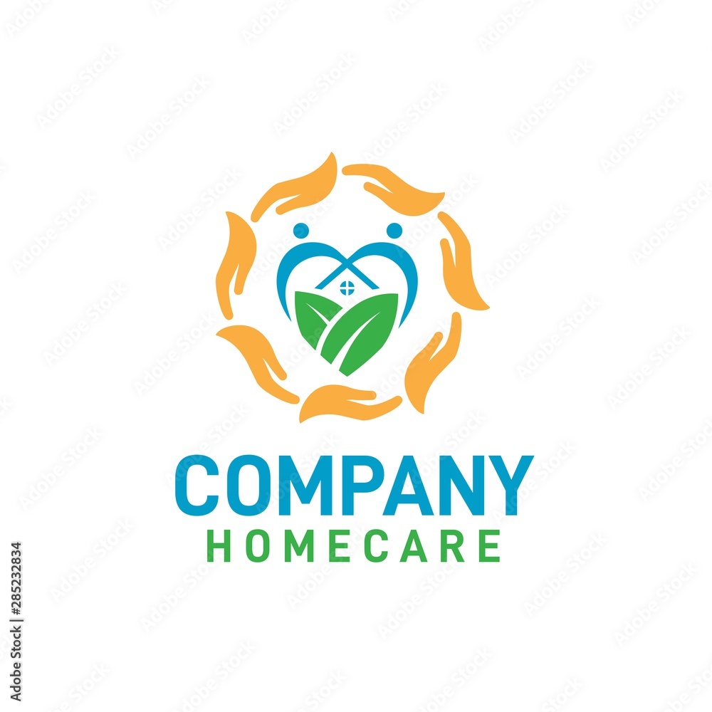 Home care logo design with palm hands around the heart shapes made from ...