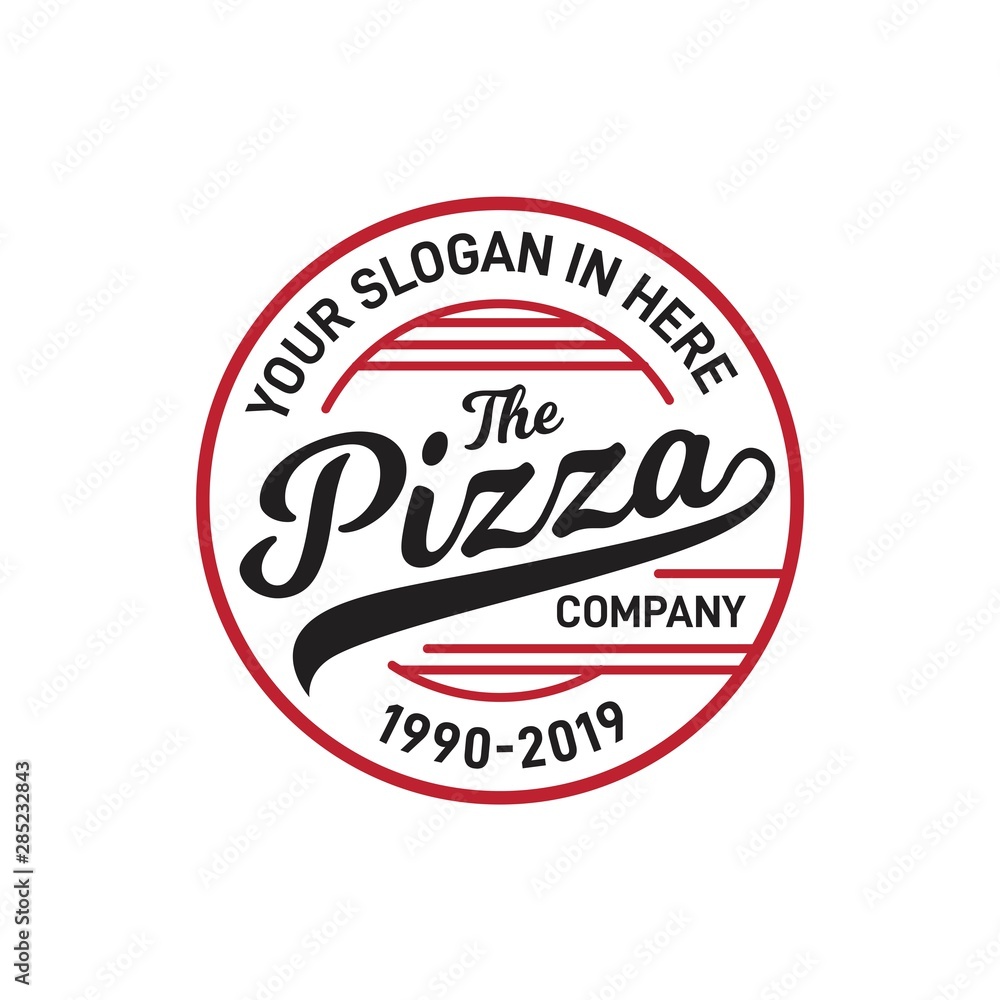 Pizza circle badge restaurant logo design with red and black color