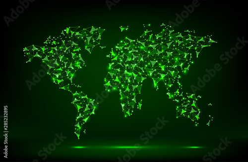 Polygonal world map. Dots and lines connected. Low poly vector illustration. Neon.