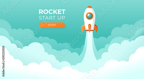 Fototapeta Naklejka Na Ścianę i Meble -  Rocket launch in the sky flying over clouds. Space ship in smoke clouds. Business concept. Start up template. Horizontal background. Simple modern cartoon design. Flat style vector illustration.