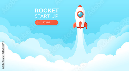 Rocket launch in the sky flying over clouds. Space ship in smoke clouds. Business concept. Start up template. Horizontal background. Simple modern cartoon design. Flat style vector illustration.