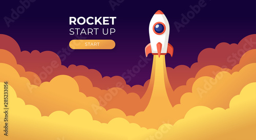 Rocket launch in the sky flying over clouds. Space ship in smoke clouds. Business concept. Start up template. Horizontal background. Simple modern cartoon design. Flat style vector illustration.