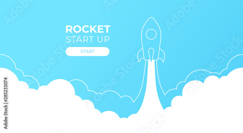 Rocket launch silhouette in the sky flying over clouds. Space ship in smoke clouds. Business concept. Start up template. Horizontal background. Simple modern design. Flat style vector illustration.