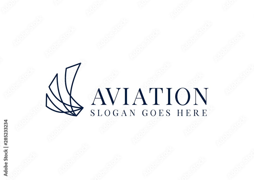 Blue feather wings in modern line art aviation logo design Blue feather wings in modern line art aviation logo design