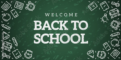 Back to school. Green blackboard background. School, office supplies. Doodle icons set and chalk inscription. Simple realistic design. Banner, poster template. Flat style vector illustration.