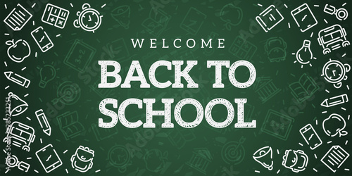 Back to school. Green blackboard background. School, office supplies. Doodle icons set and chalk inscription. Simple realistic design. Banner, poster template. Flat style vector illustration.
