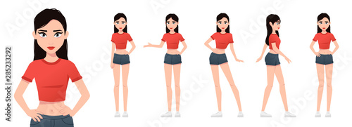 Girl character set isolated on a white background. Various poses. Woman dressed in shorts and a T-shirt. Mouth and body animation. Cute simple cartoon design. Flat style vector illustration.