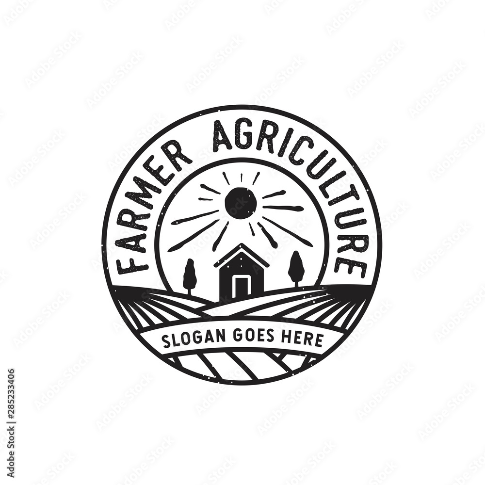 Obraz premium Rustic farming circle badge with farm field and ranch illustration