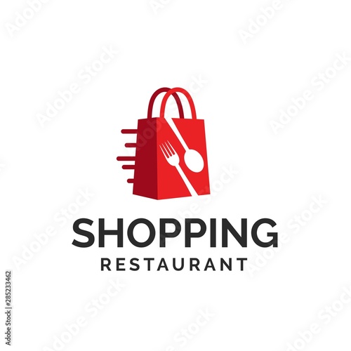 Red shopping bag e-commerce market logo design with spoon and fork shapes