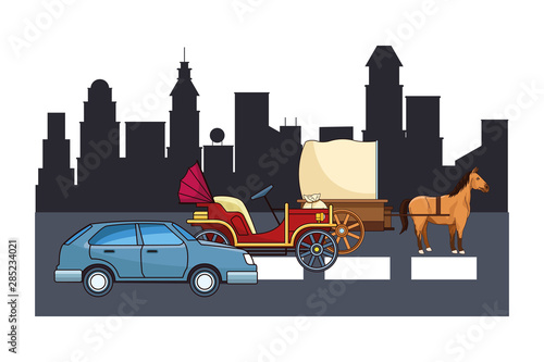 Classic cars and horse carriages vehicles