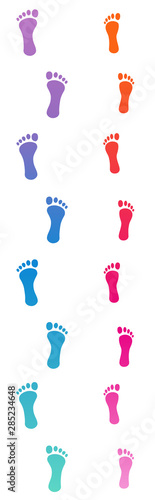 Footprints of a barefoot love couple. Romantic and colorful footsteps on their way to happiness. Isolated vector illustration on white background.