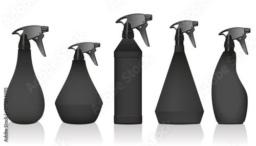 Spray Bottles Spray bottles - well known variations with black bodies and pumps. Isolated vector illustration on white background. Set Blank Black