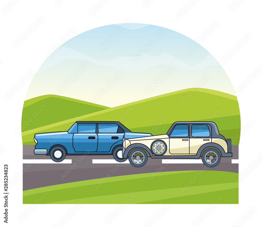 Fototapeta premium Vintage and classic with modern cars vehicles