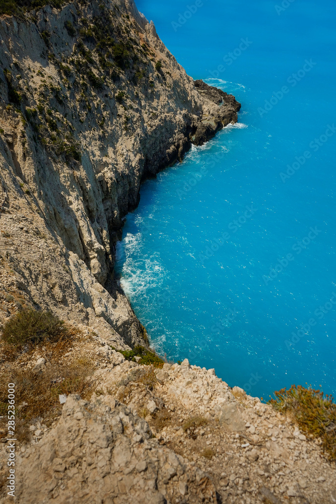 very beautiful view of the beach and the blue Mediterranean Sea. view from the mountain. Lefkada, Greece