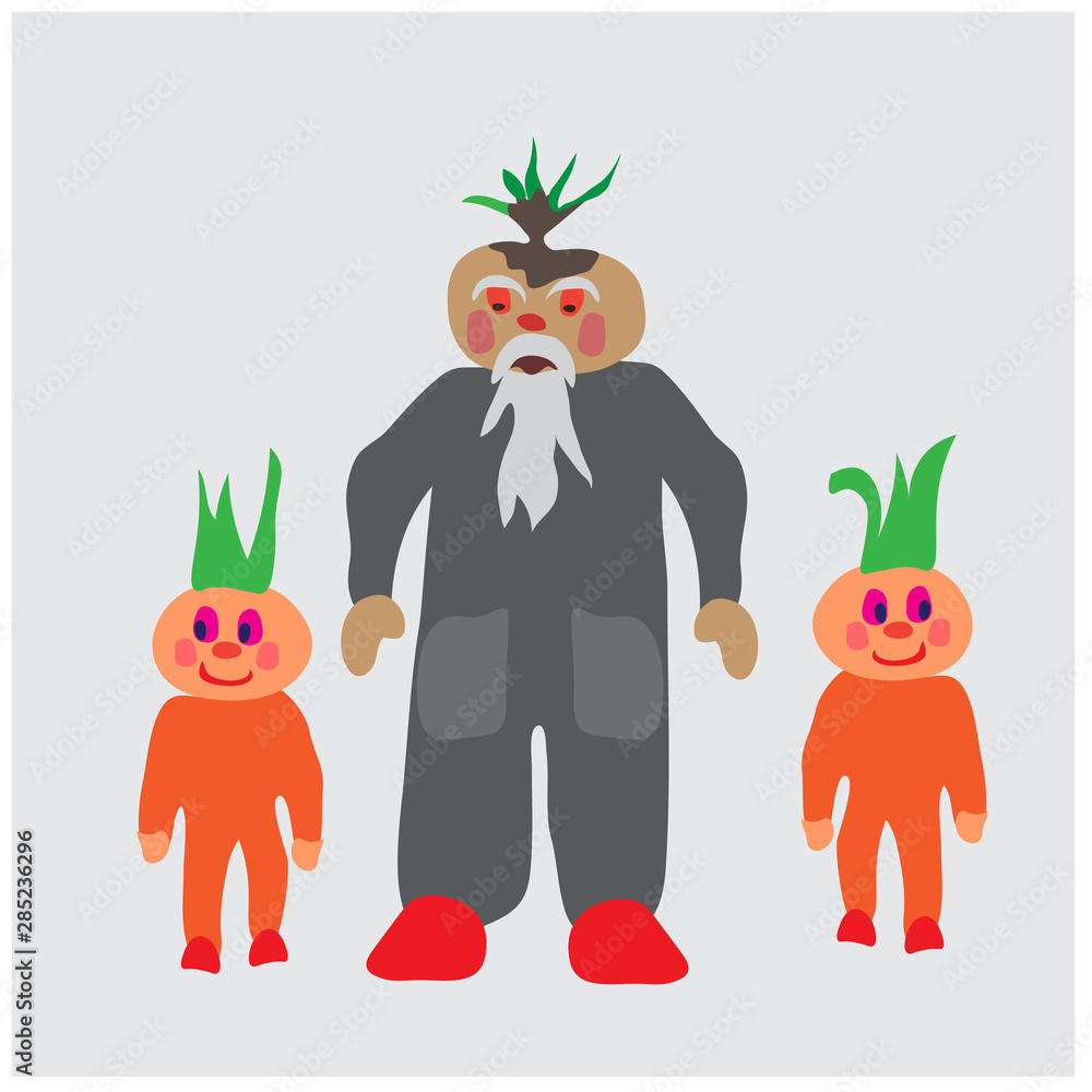 Naklejka premium cartoon happy character, onion with onion kids, cartoon happy hero