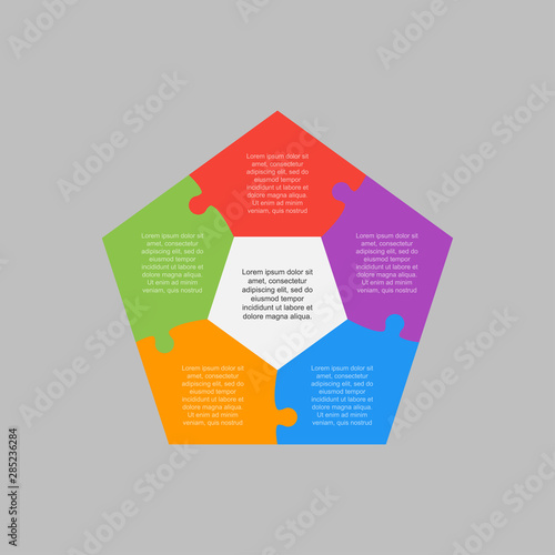 Five pieces jigsaw puzzle pentagon info graphic.