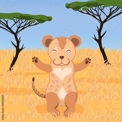 cute baby hugging lion  cartoon drawn smile animal  on safari africa background  editable vector illustration