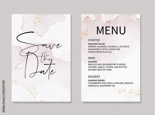 Vector marble tender rose acohol ink elements with golden copper foil and text. Wedding invitation template, menu design. Rose gold pastel soft design