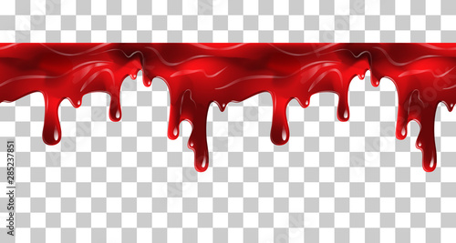 Dripping seamless blood. Flow liquid, drip wet. Thick red ketchup or jam flow down Halloween concept: Blood dripping - Seamless Vector on transparent background