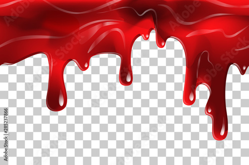 Dripping seamless blood. Flow liquid, drip wet. Thick red ketchup or jam flow down Halloween concept: Blood dripping - Seamless Vector on transparent background
