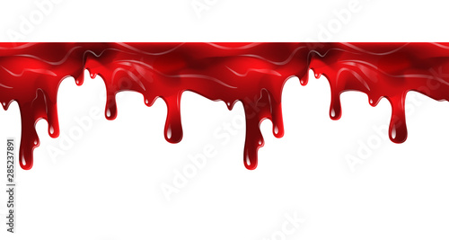 Dripping seamless blood. Flow liquid, drip wet. Thick red ketchup or jam flow down Halloween concept: Blood dripping - Seamless Vector on white background