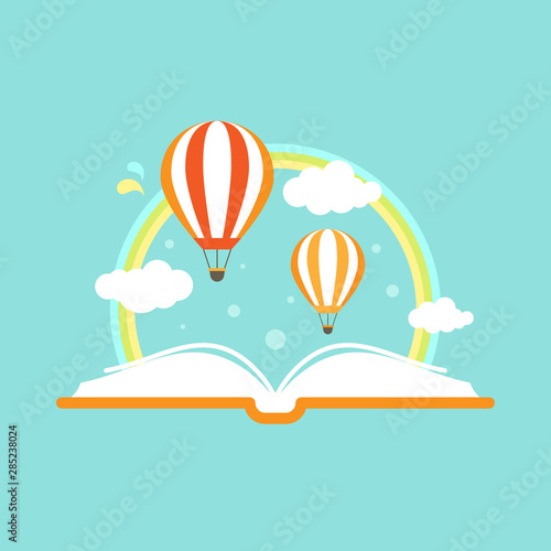Open book with air balloons, clouds, rainbow. Isolated on blue background. Vector flat illustration.