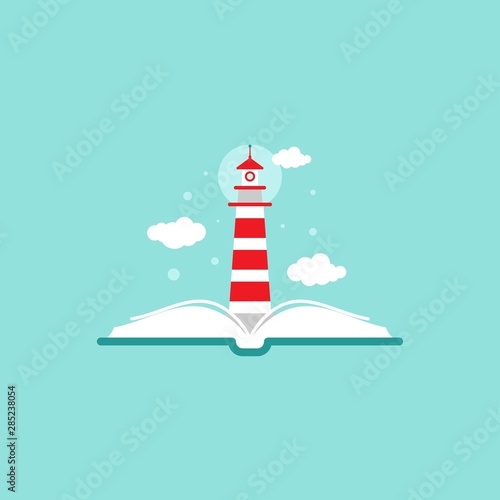 Open book with lighthouse or beacon and clouds on blue background. Vector flat illustration.