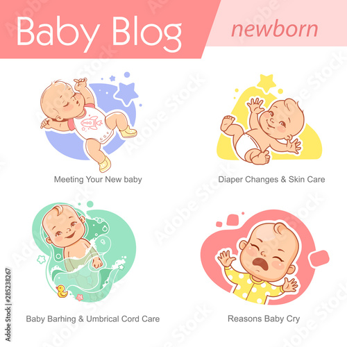 Set of baby illustration. First year growth and activity.