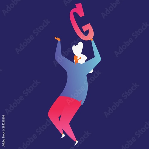 Isolated on blue background modern woman charater holding letter G in hands and dancing.