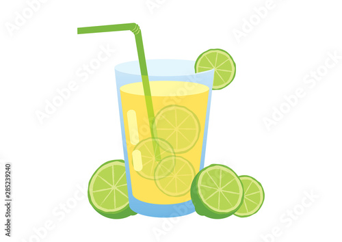 Glass of lemonade with lemons vector. Halved lemon vector. Glass of lemonade isolated on a white background. Lemon slice icon. Green lime vector
