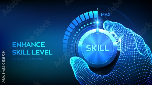 Skill levels knob button. Increasing Skills Level. Wireframe hand turning a skill test knob to the maximum position. Concept of professional or educational knowledge. Vector illustration.