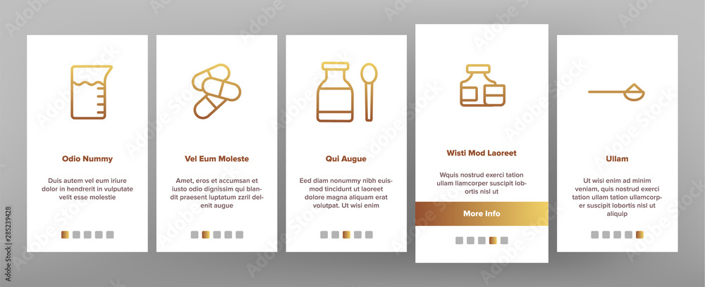 Color Dosage, Dosing Drugs Vector Onboarding Mobile App Page Screen. Pharmacological Medications Dosage Outline Cliparts. Disease Treatment Prescription. Medical Therapy Illustration