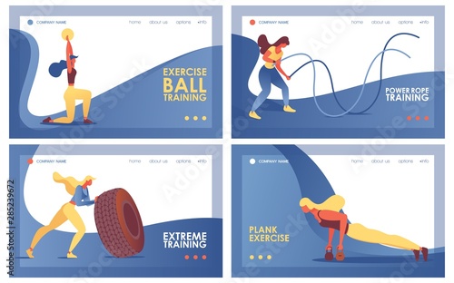 Collection of landing pages template or horizontal banners concepts good for extreme training at gym with tire, ball, power rope and weights, decorated with blue waves, good for web pages header