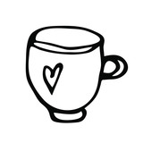 Hand-drawn icon a big cup of tea or coffee, a drink and a graphic heart on a white isolated background for use in design, doodle illustration