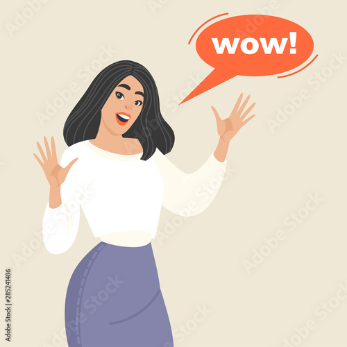 Girl expressing surprise and admiration with a speech bubble and wow text
