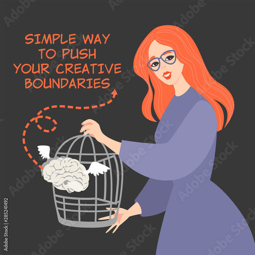 Conceptual image of a creative thinking with girl releasing a symbolic brain from a bird cage