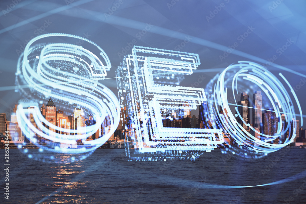 SEO hologram on city view with skyscrapers background double exposure. Search optimization concept. SEO hologram on city view with skyscrapers background double exposure. Search optimization concept.
