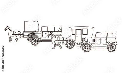 Classic cars and horse carriages vehicles in black and white