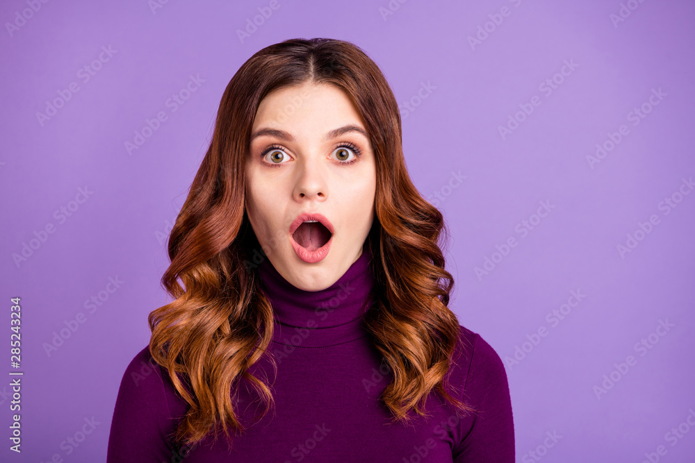 Close-up portrait of her she nice-looking attractive lovely pretty amazed stunned wavy-haired girl got some scary news isolated over bright vivid shine purple violet lilac background Close-up portrait of her she nice-looking attractive lovely pretty amazed stunned wavy-haired girl got some scary news isolated over bright vivid shine purple violet lilac background