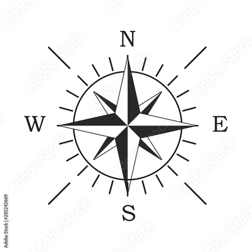 Compass icon. Location symbol. West north south east indicator. Navigation element.
